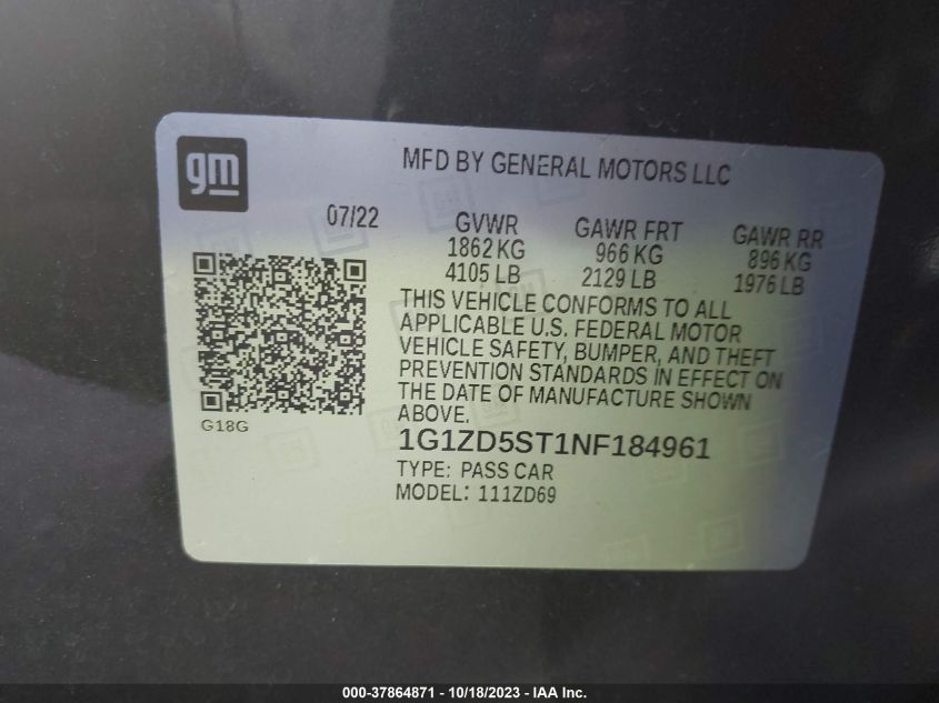 2022 CHEVROLET MALIBU LT - 1G1ZD5ST1NF184961