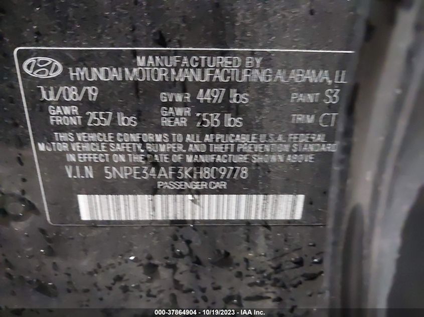 2019 HYUNDAI SONATA SEL - 5NPE34AF3KH809778