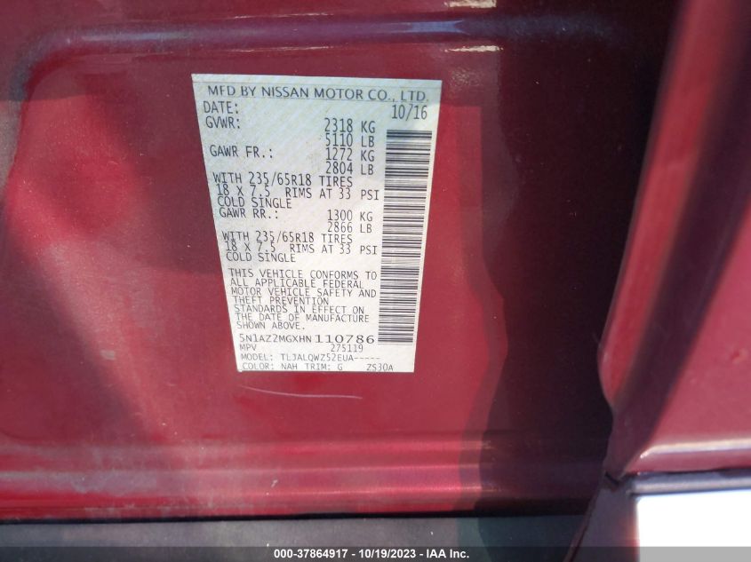 2017 NISSAN MURANO S/SL/SV/PLATINUM - 5N1AZ2MGXHN110786