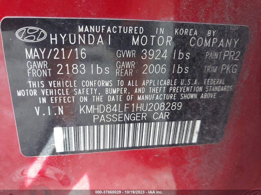 2017 HYUNDAI ELANTRA SE - KMHD84LF1HU208289