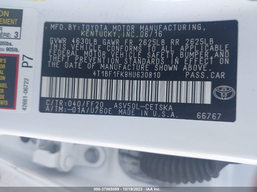 2017 TOYOTA CAMRY XLE/SE/LE/XSE - 4T1BF1FK8HU630810