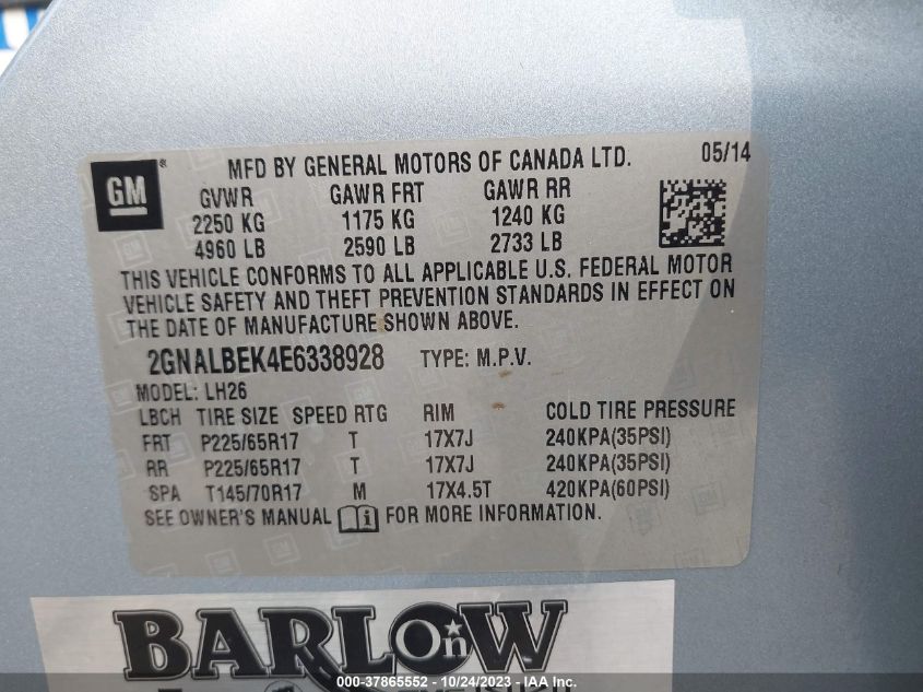 2014 CHEVROLET EQUINOX LT - 2GNALBEK4E6338928