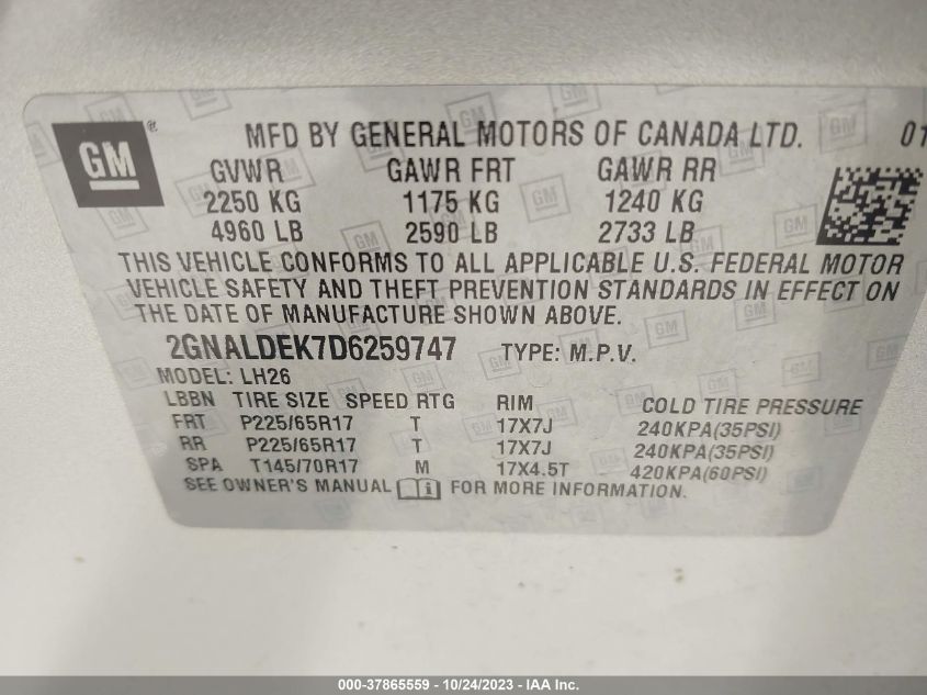 2013 CHEVROLET EQUINOX LT - 2GNALDEK7D6259747