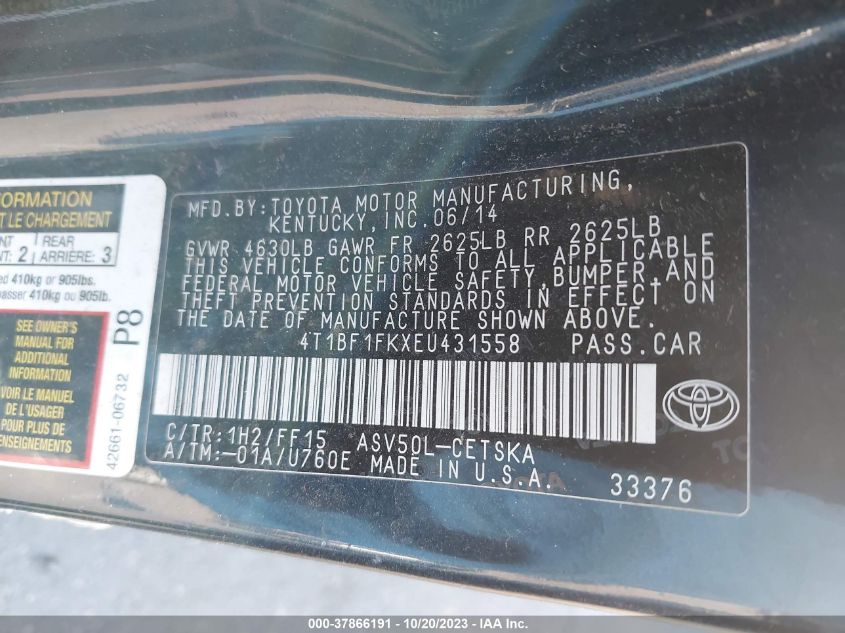 2014 TOYOTA CAMRY L/LE/XLE/SE/SE SPORT - 4T1BF1FKXEU431558