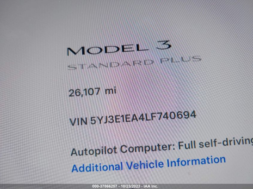 2020 TESLA MODEL 3 STANDARD RANGE PLUS - 5YJ3E1EA4LF740694