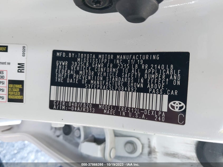 VIN 5YFEPRAE5LP084892 2020 TOYOTA COROLLA LE