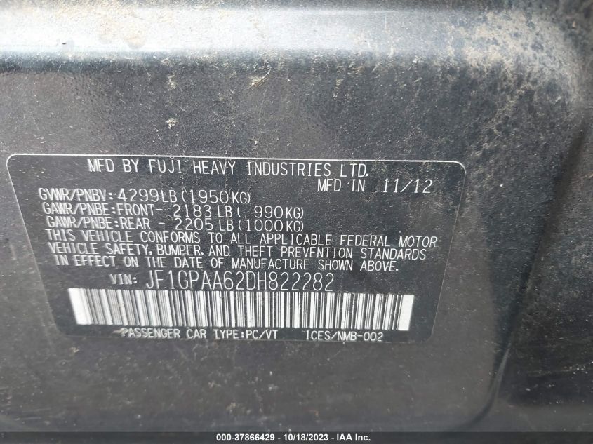 2013 SUBARU IMPREZA 2.0I - JF1GPAA62DH822282