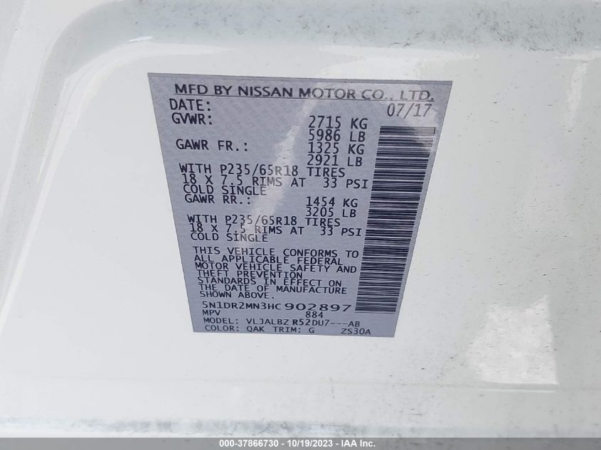 VIN 5N1DR2MN3HC902897 2017 NISSAN PATHFINDER S/SV/SL/PLATINUM
