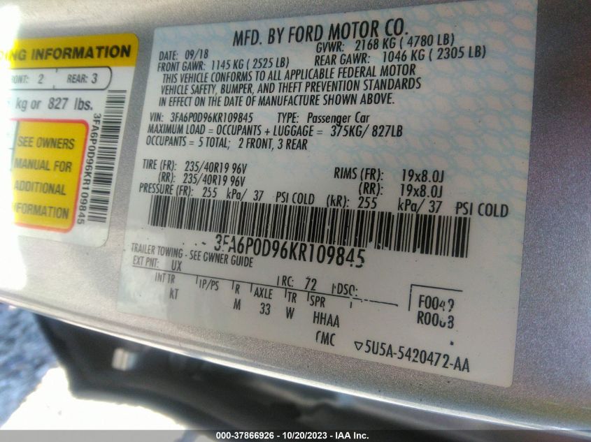 2019 FORD FUSION TITANIUM - 3FA6P0D96KR109845