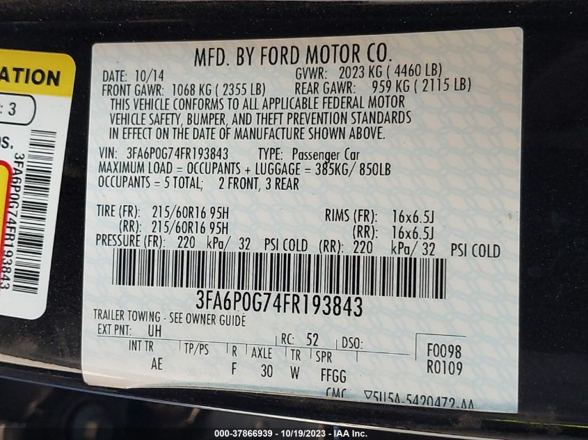 2015 FORD FUSION S - 3FA6P0G74FR193843