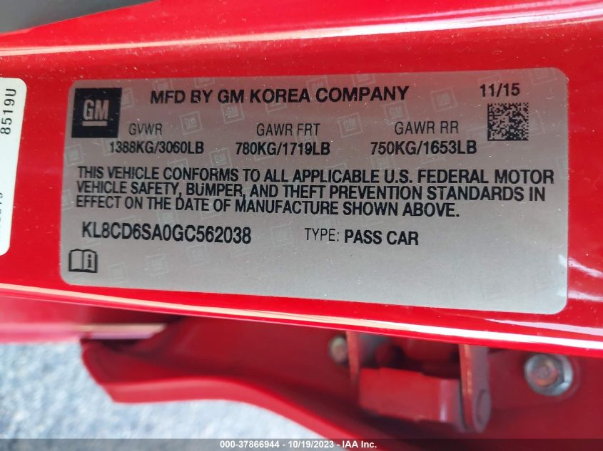 2016 CHEVROLET SPARK 1LT - KL8CD6SA0GC562038