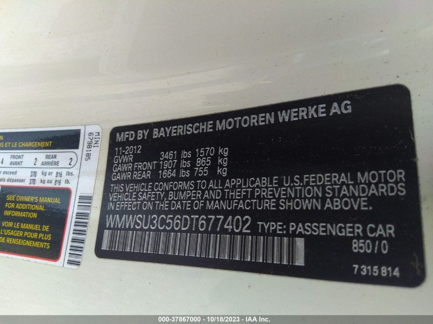 2013 MINI COOPER HARDTOP - WMWSU3C56DT677402