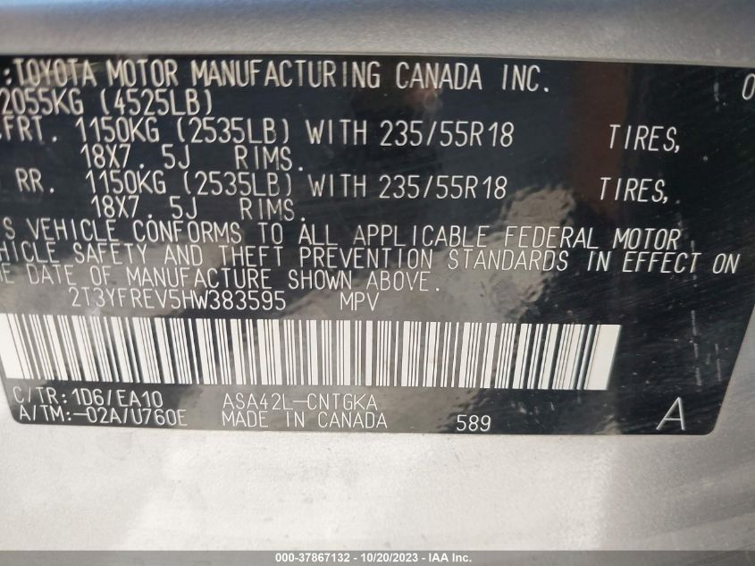 2017 TOYOTA RAV4 LIMITED/PLATINUM - 2T3YFREV5HW383595