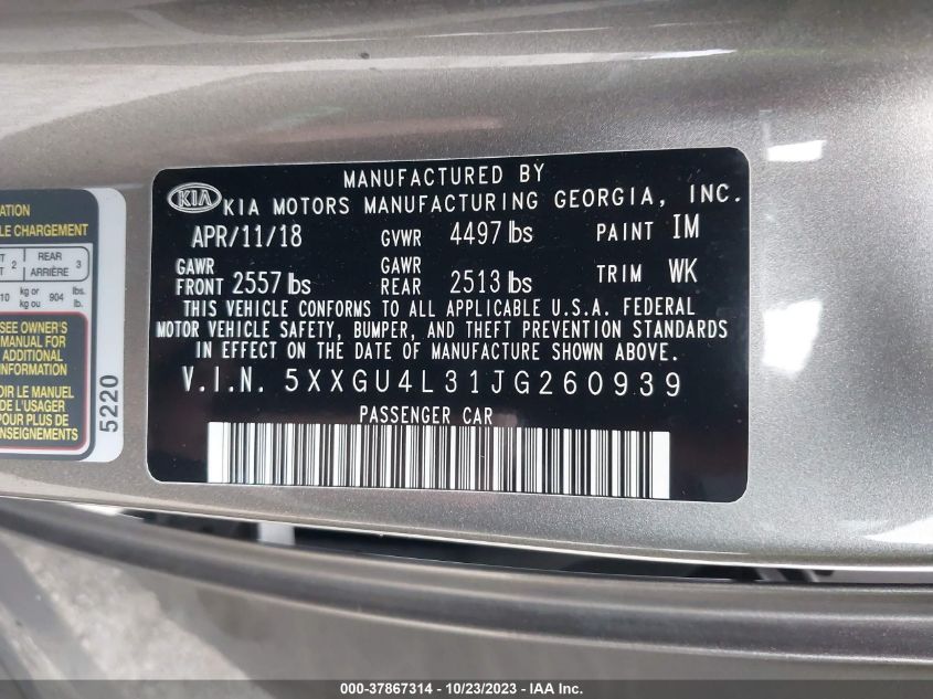 2018 KIA OPTIMA EX - 5XXGU4L31JG260939