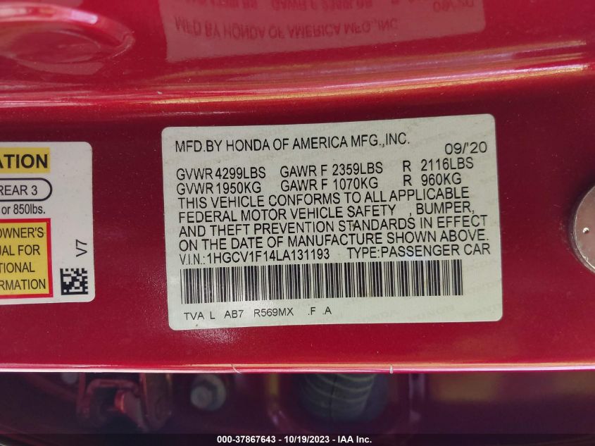 2020 HONDA ACCORD LX - 1HGCV1F14LA131193
