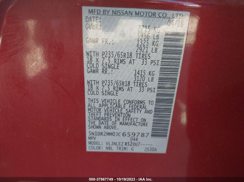 2018 NISSAN PATHFINDER S/SV/SL/PLATINUM - 5N1DR2MM0JC659787