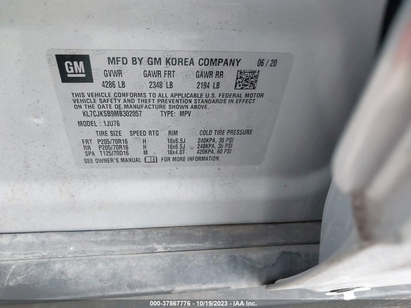 VIN KL7CJKSB9MB302057 2021 CHEVROLET TRAX LS