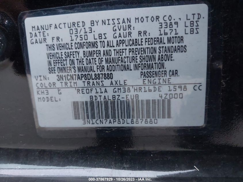 2013 NISSAN VERSA SV - 3N1CN7AP8DL887880