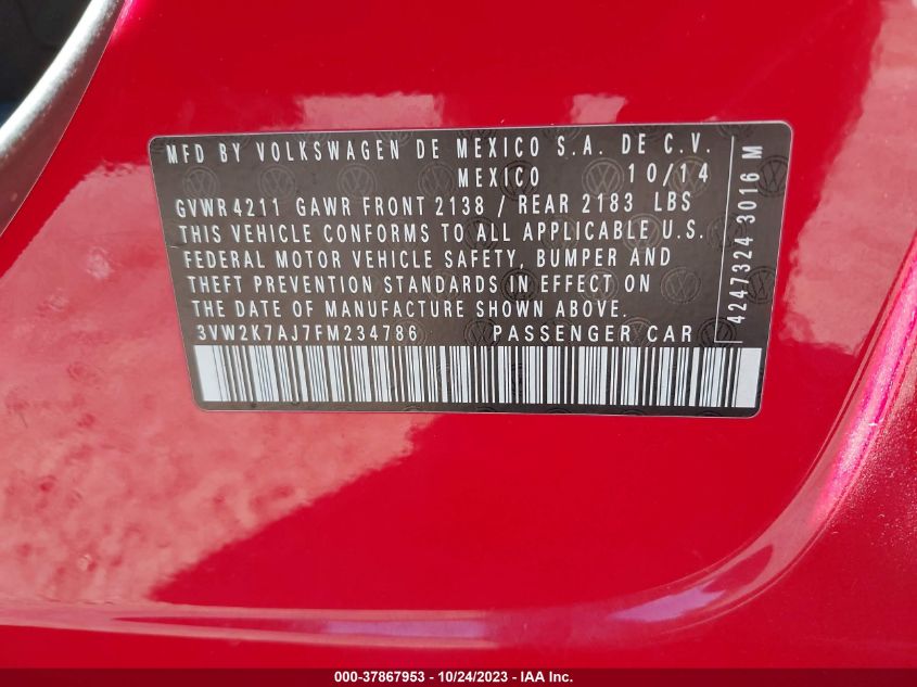 2015 VOLKSWAGEN JETTA SEDAN 2.0L S 3VW2K7AJ7FM234786