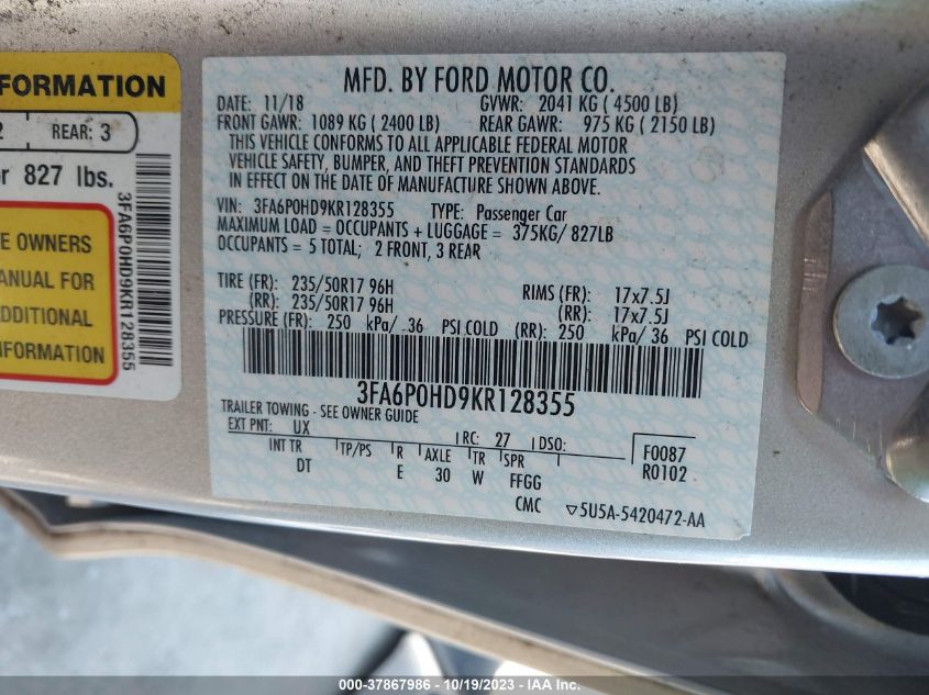 3FA6P0HD9KR128355 Ford Fusion SE 9