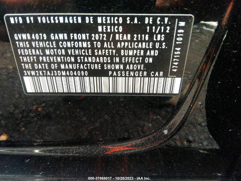 2013 VOLKSWAGEN JETTA SEDAN S 3VW2K7AJ3DM404090