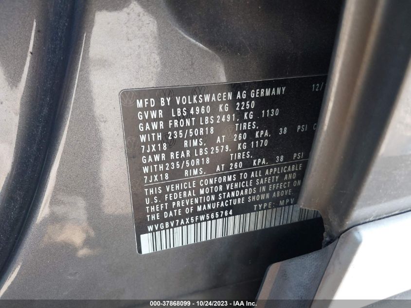 2015 VOLKSWAGEN TIGUAN S/SE/SEL/R-LINE - WVGBV7AXOFW656764