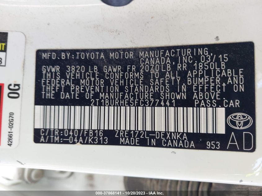 2015 TOYOTA COROLLA L/LE/S/S PLUS/LE PLUS - 2T1BURHE5FC377441