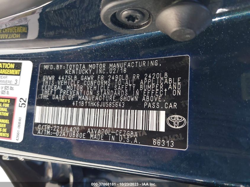 2018 TOYOTA CAMRY LE/SE/XLE/L - 4T1B11HK6JU585643