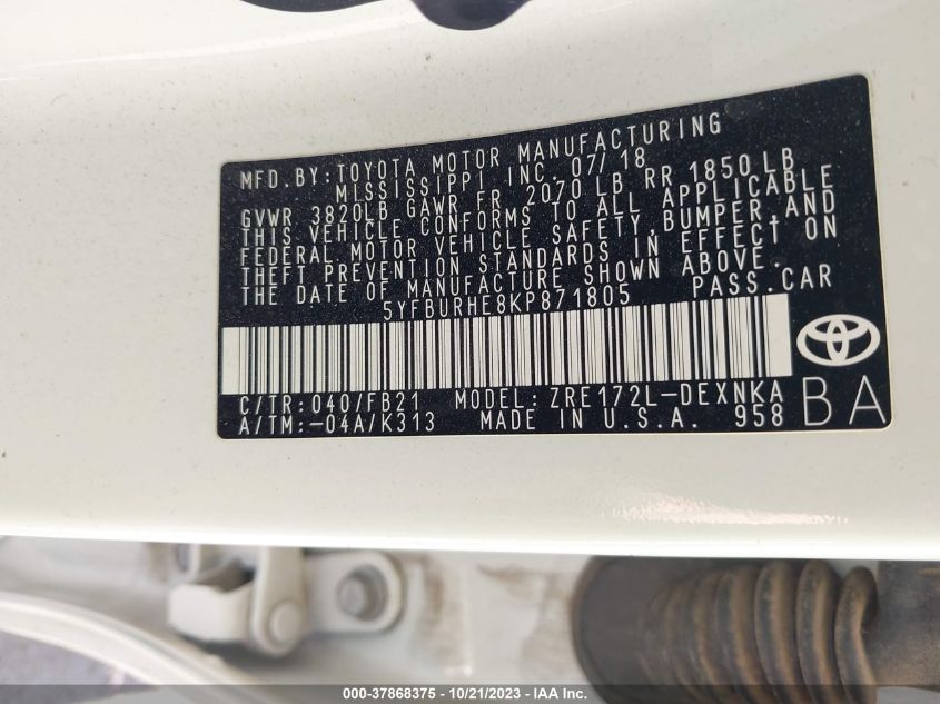 2019 TOYOTA COROLLA L/LE/XLE/SE/XSE - 5YFBURHE8KP871805