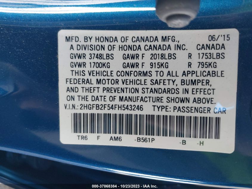 2015 HONDA CIVIC SEDAN LX 2HGFB2F54FH543246