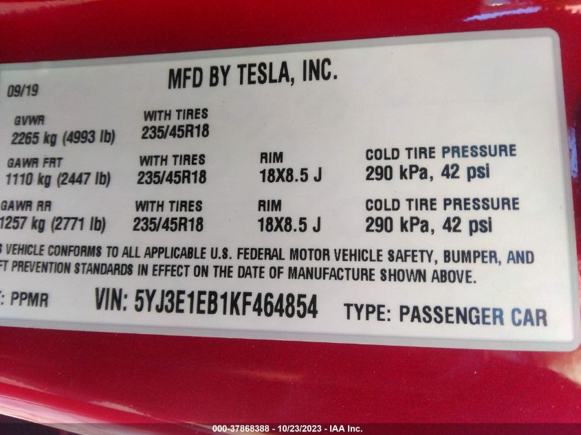 5YJ3E1EB1KF464854 | 2019 TESLA MODEL 3