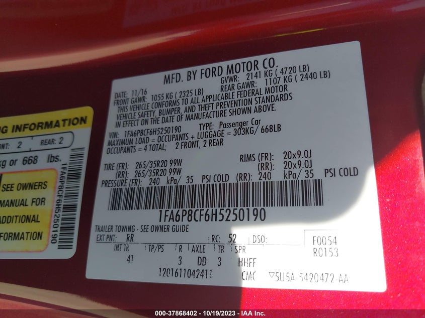VIN 1FA6P8CF6H5250190 2017 FORD MUSTANG GT