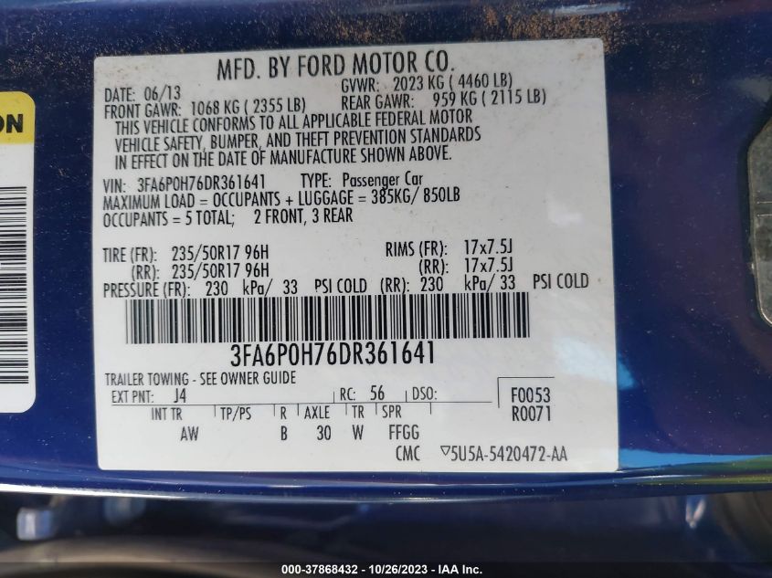 2013 FORD FUSION SE - 3FA6P0H76DR361641