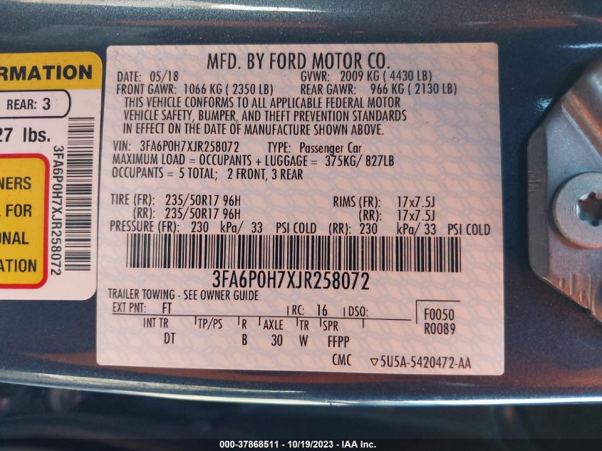 2018 FORD FUSION SE - 3FA6P0H7XJR258072