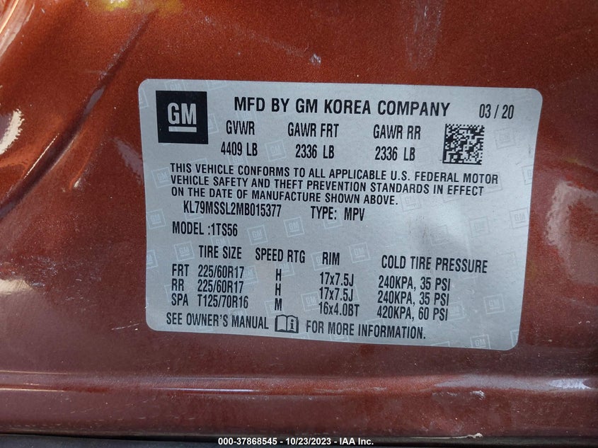 VIN KL79MSSL2MB015377 2021 CHEVROLET TRAILBLAZER ACTIV