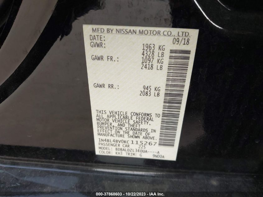 2019 NISSAN ALTIMA S - 1N4BL4BV0KC115267