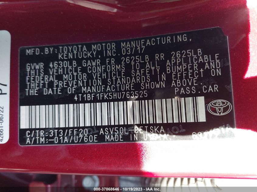 2017 TOYOTA CAMRY XLE/SE/LE/XSE - 4T1BF1FK5HU763525