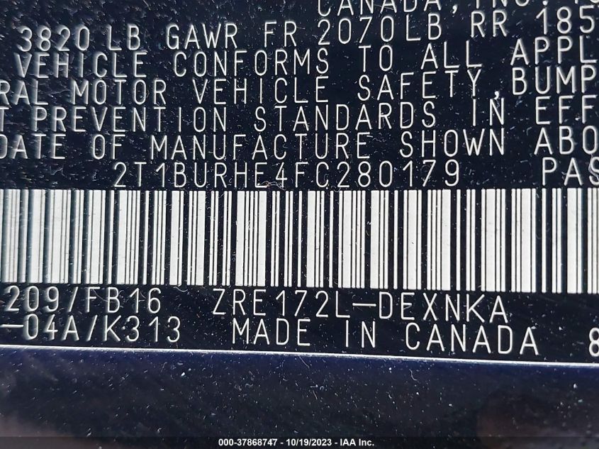 2015 TOYOTA COROLLA L/LE/S/S PLUS/LE PLUS - 2T1BURHE4FC280179