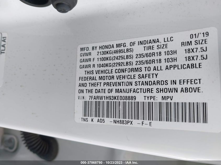 2019 HONDA CR-V TOURING - 7FARW1H93KE008889