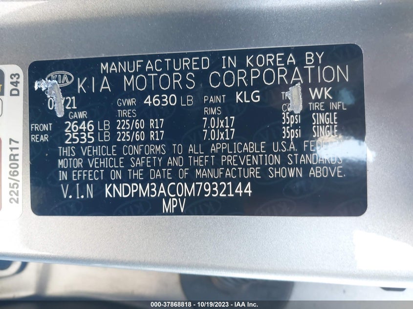 VIN KNDPM3AC0M7932144 2021 KIA SPORTAGE LX