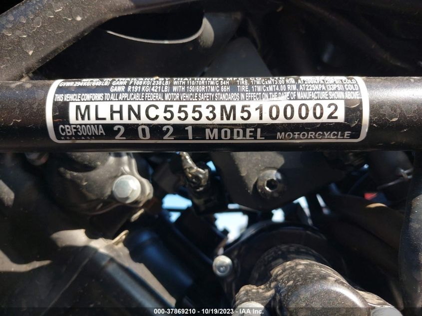 2021 HONDA CBF300 NA MLHNC5553M5100002