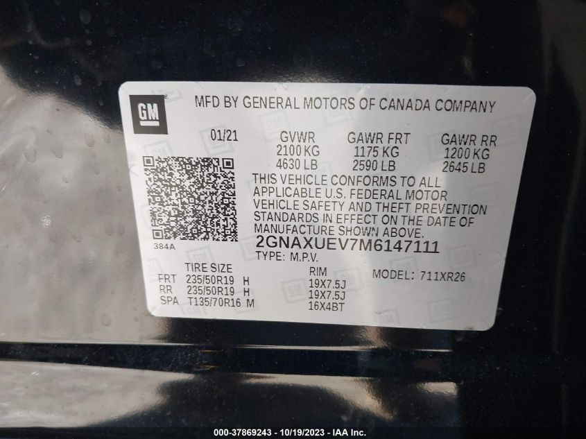 2021 CHEVROLET EQUINOX LT - 2GNAXUEV7M6147111