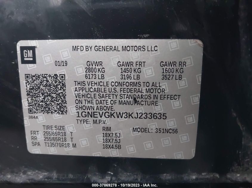 2019 CHEVROLET TRAVERSE LT - 1GNEVGKW3KJ233635
