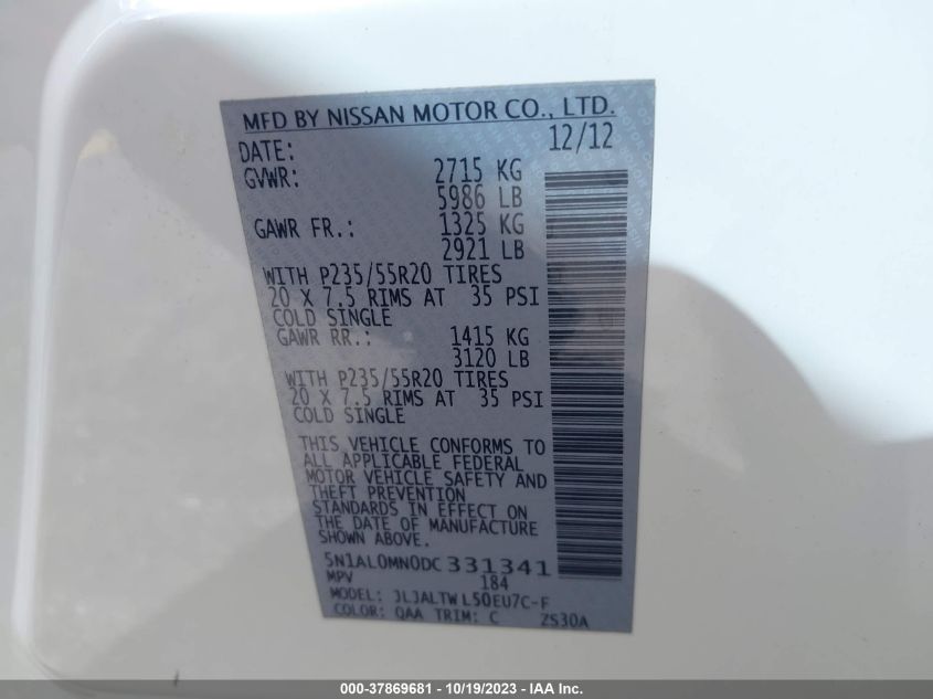 2013 INFINITI JX35 - 5N1AL0MN0DC331341