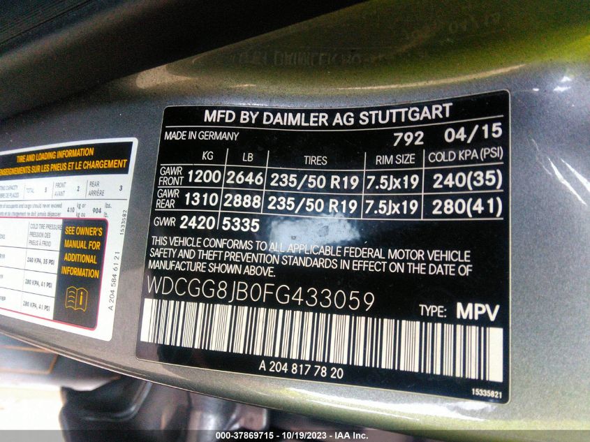 2015 MERCEDES-BENZ GLK-CLASS GLK 350 WDCGG8JB0FG433059
