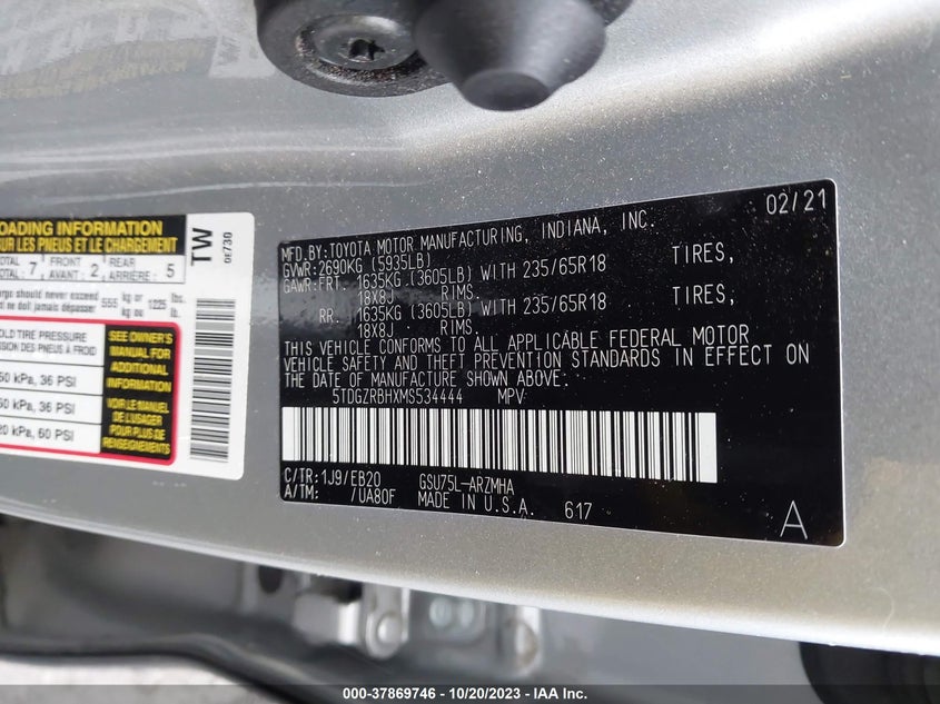 VIN 5TDGZRBHXMS534444 2021 TOYOTA HIGHLANDER XLE
