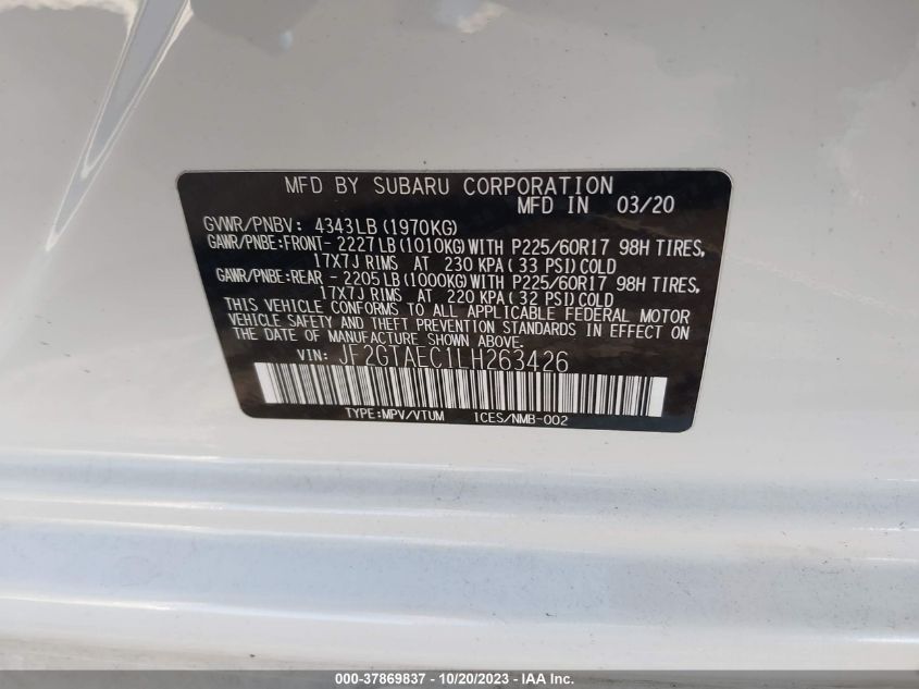 VIN JF2GTAEC1LH263426 2020 SUBARU CROSSTREK PREMIUM