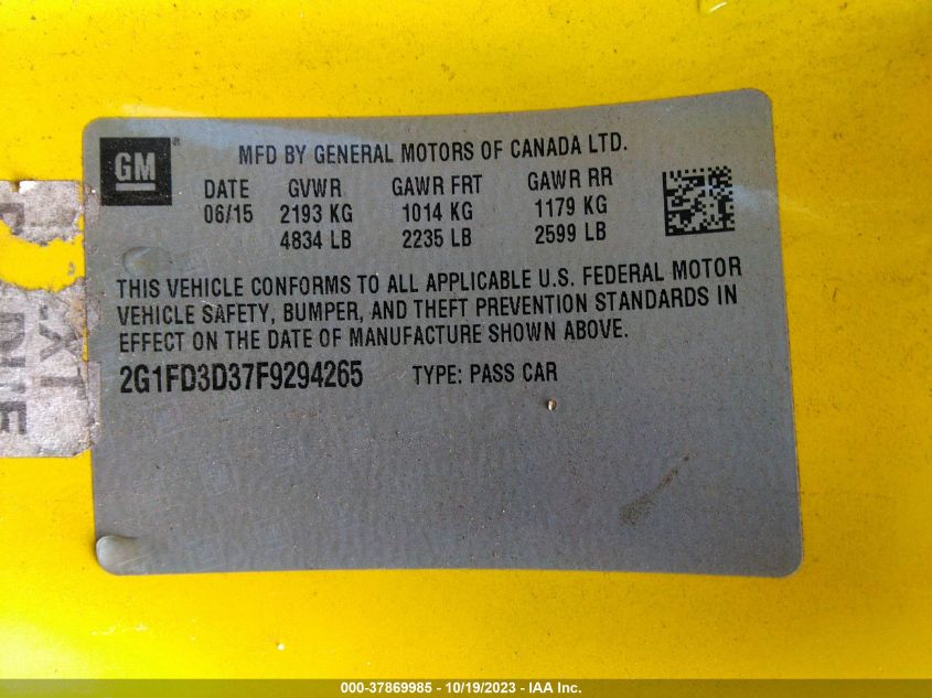 2015 CHEVROLET CAMARO LT - 2G1FD3D37F9294265
