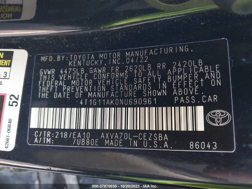 2022 TOYOTA CAMRY SE - 4T1G11AK0NU690961