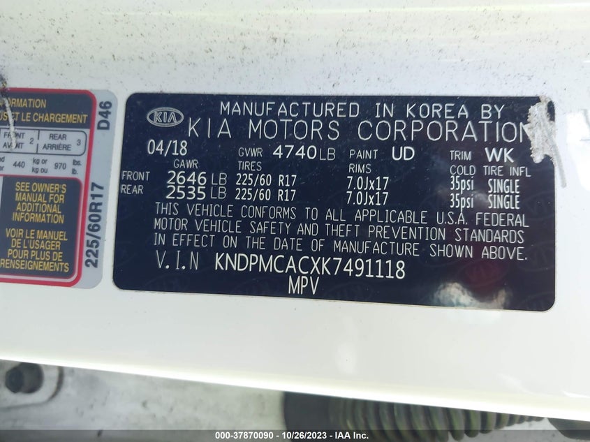 VIN KNDPMCACXK7491118 2019 KIA SPORTAGE LX